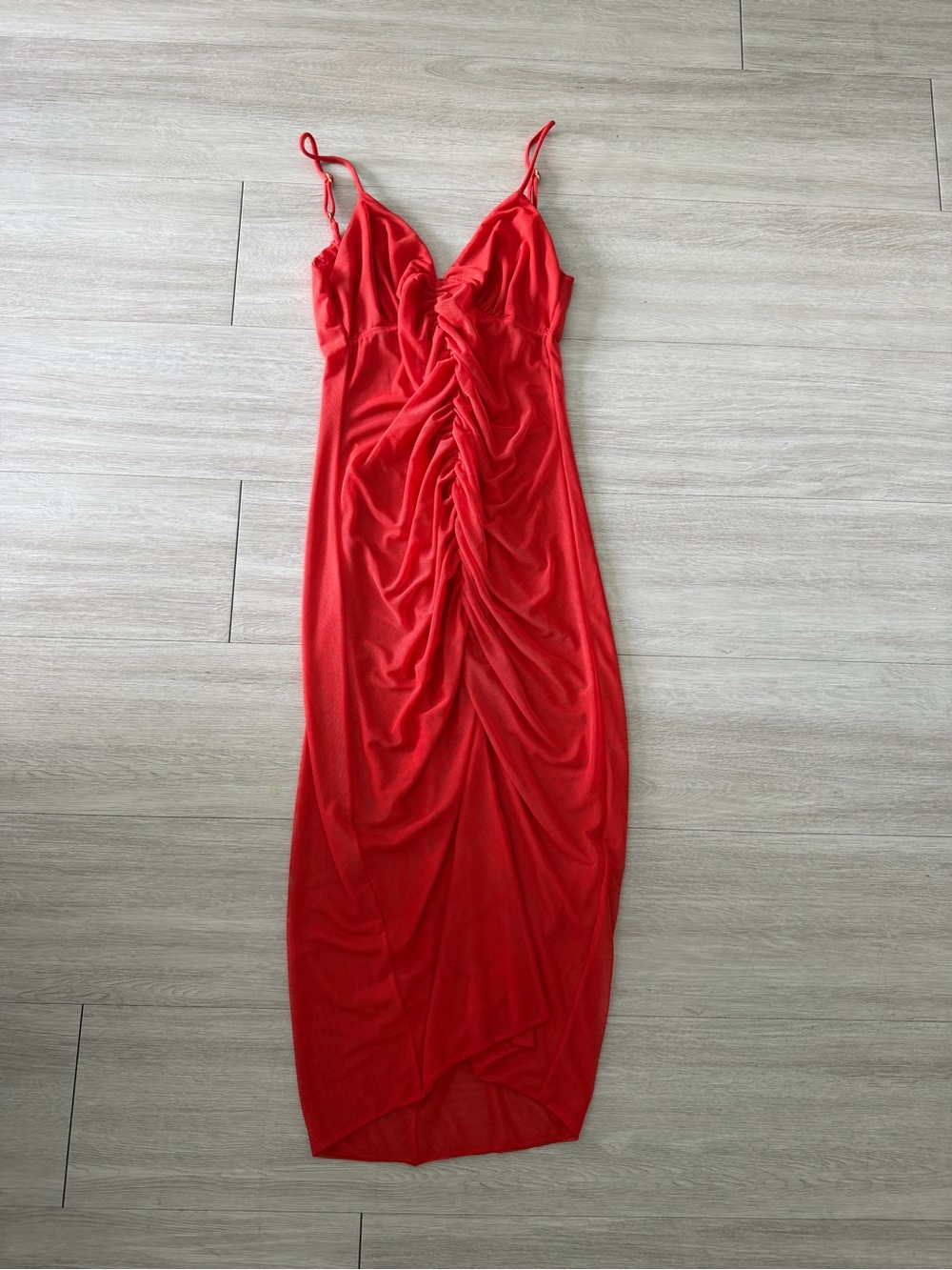 Vix Paulahermanny Red Orange Ruched V-Neck Maxi Dress with Adjustable Straps